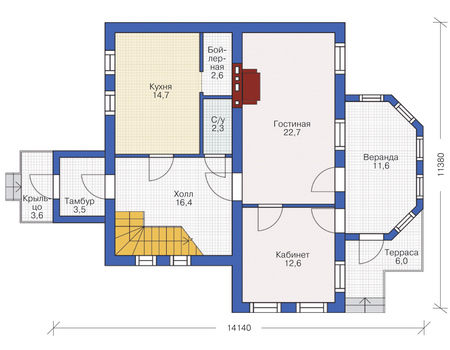 Планировка первого этажа :: Проект дома из кирпича 37-37