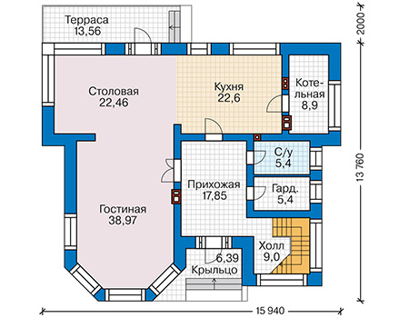 Планировка первого этажа :: Проект дома из кирпича 43-11