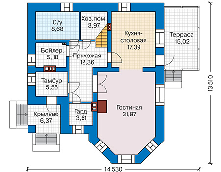 Планировка первого этажа :: Проект дома из кирпича 46-43