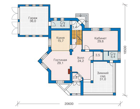 Планировка первого этажа :: Проект дома из газобетона 52-20