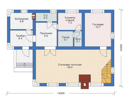 Планировка первого этажа :: Проект дома из газобетона 52-74