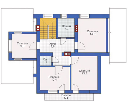 Планировка второго этажа :: Проект дома из газобетона 53-84