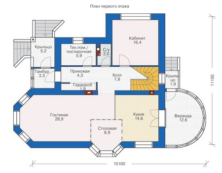Планировка первого этажа :: Проект дома из газобетона 54-08