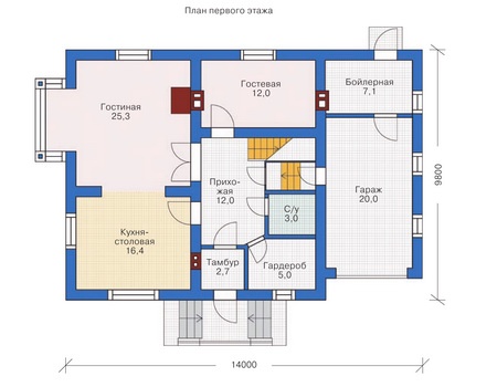 Планировка первого этажа :: Проект дома из газобетона 54-27