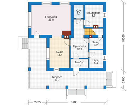 Планировка первого этажа :: Проект дома из газобетона 56-90
