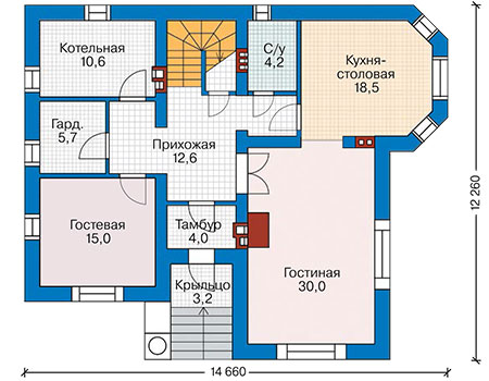 Планировка первого этажа :: Проект дома из газобетона 57-57