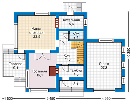 Планировка первого этажа :: Проект дома из газобетона 58-50