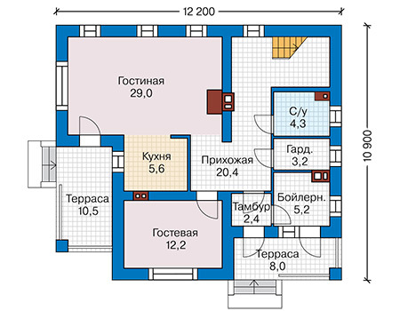 Планировка первого этажа :: Проект дома из газобетона 58-64