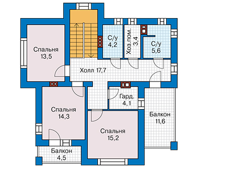 Планировка второго этажа :: Проект дома из газобетона 60-16