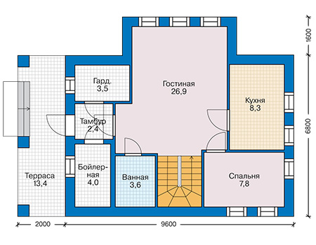 Планировка первого этажа :: Проект дома из газобетона 61-58