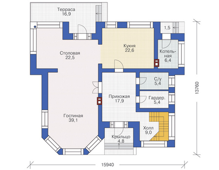 Планировка первого этажа :: Проект дома из газобетона 64-04