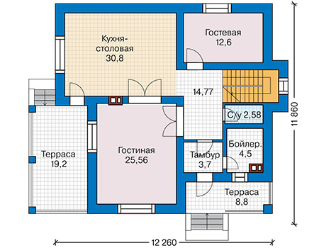 Планировка первого этажа :: Проект дома из газобетона 65-01
