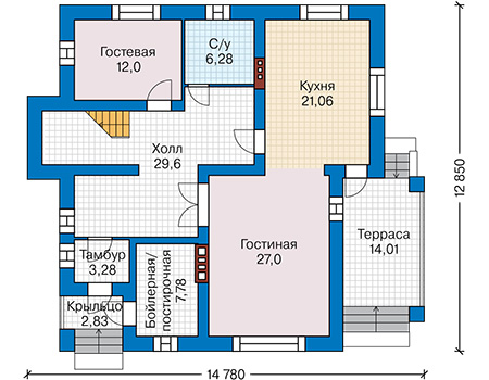Планировка первого этажа :: Проект дома из газобетона 65-25