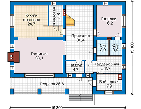 Планировка первого этажа :: Проект дома из газобетона 65-63