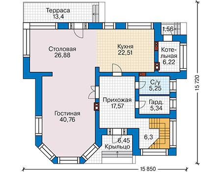 Планировка первого этажа :: Проект дома из газобетона 66-41
