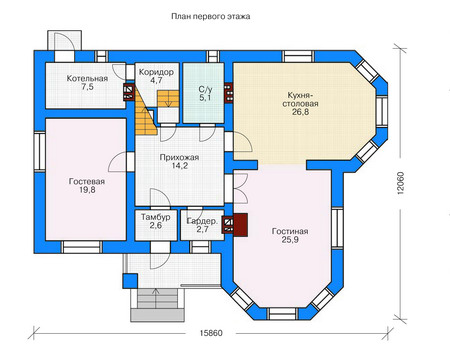 Планировка первого этажа :: Проект дома из кирпича 71-49
