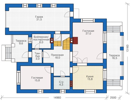 Планировка первого этажа :: Проект дома из кирпича 72-52