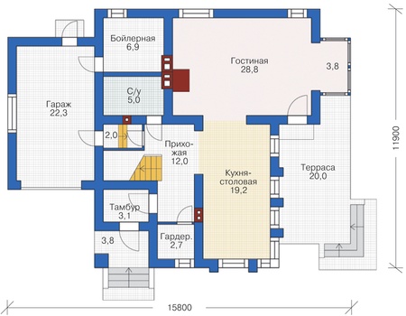 Планировка первого этажа :: Проект дома из кирпича 72-54