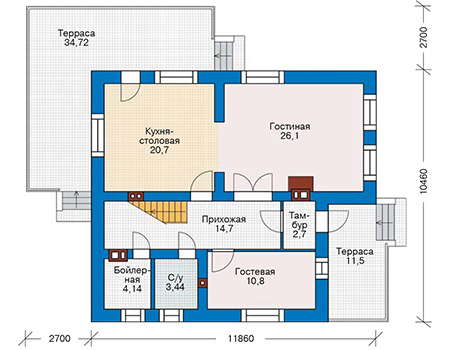 Планировка первого этажа :: Проект дома из кирпича 72-68