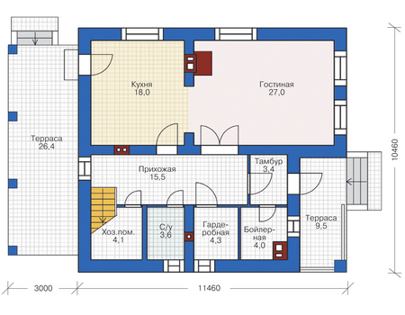 Планировка первого этажа :: Проект дома из кирпича 72-72