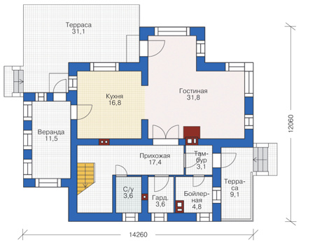 Планировка первого этажа :: Проект дома из кирпича 72-91