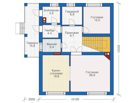 Планировка первого этажа :: Проект дома из кирпича 72-98