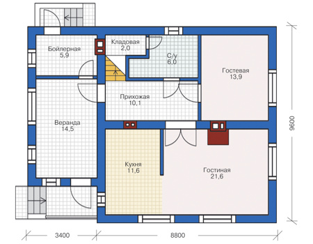 Планировка первого этажа :: Проект дома из кирпича 73-00