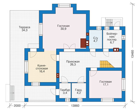 Планировка первого этажа :: Проект дома из кирпича 74-03
