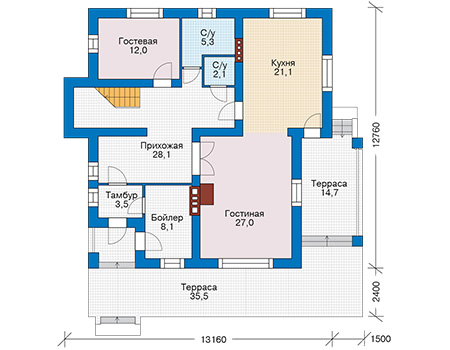Планировка первого этажа :: Проект дома из кирпича 74-31