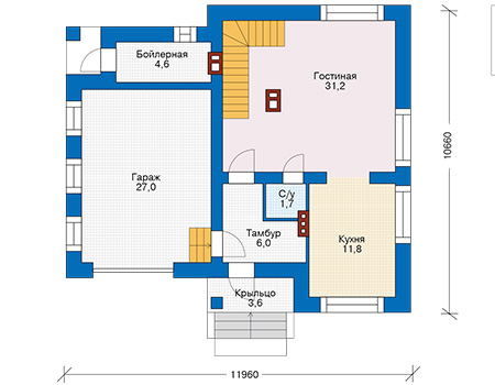 Планировка первого этажа :: Проект дома из кирпича 74-44