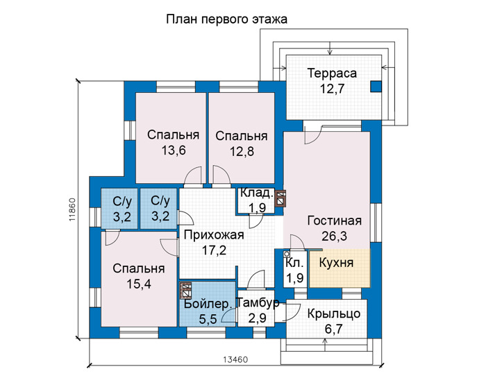 Планировка первого этажа :: Проект дома из кирпича 75-39