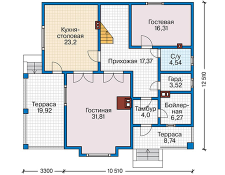 Планировка первого этажа :: Проект каркасного дома 90-62