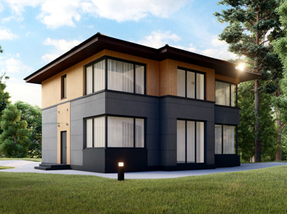 Проект современного дома с панорамным остеклением 82-37