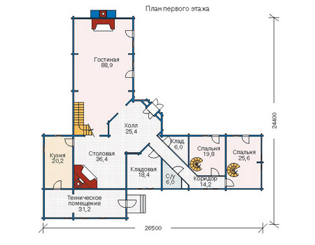 Планировка первого этажа :: Проект деревянного дома 11-30