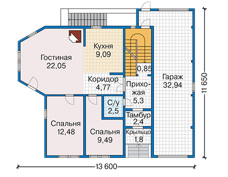 Планировка первого этажа :: Проект деревянного дома 12-84