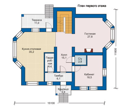 Планировка первого этажа :: Проект дома из кирпича 33-91