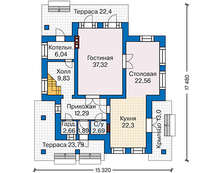 Планировка первого этажа :: Проект дома из кирпича 37-05