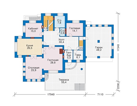 Планировка первого этажа :: Проект дома из кирпича 39-73