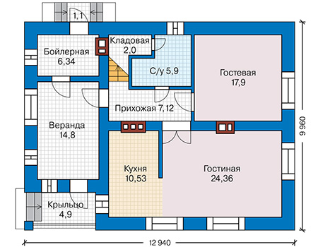 Планировка первого этажа :: Проект дома из кирпича 42-92