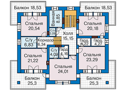 Планировка второго этажа :: Проект дома из кирпича 43-72