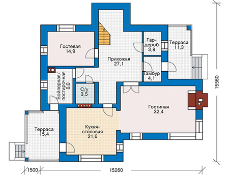 Планировка первого этажа :: Проект дома из кирпича 43-90