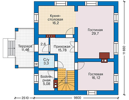 Планировка первого этажа :: Проект дома из кирпича 44-37