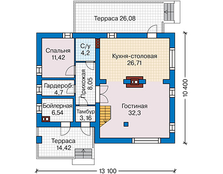 Планировка первого этажа :: Проект дома из кирпича 44-98