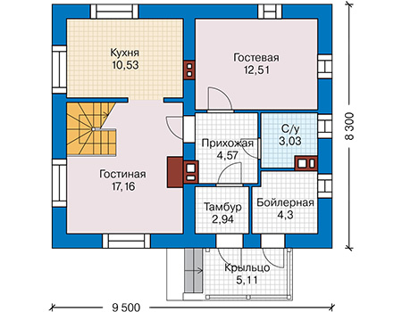 Планировка первого этажа :: Проект дома из кирпича 45-08