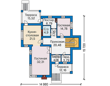 Планировка первого этажа :: Проект дома из кирпича 45-34