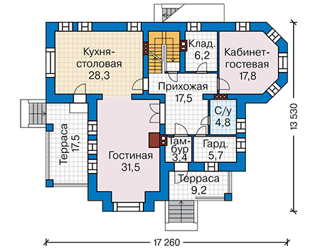 Планировка первого этажа :: Проект дома из кирпича 45-62