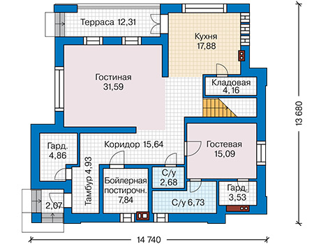 Планировка первого этажа :: Проект дома из кирпича 46-07