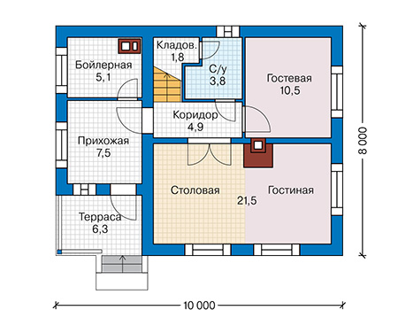 Планировка первого этажа :: Проект дома из кирпича 46-36