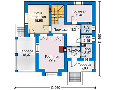 Планировка первого этажа :: Проект дома из кирпича 46-90