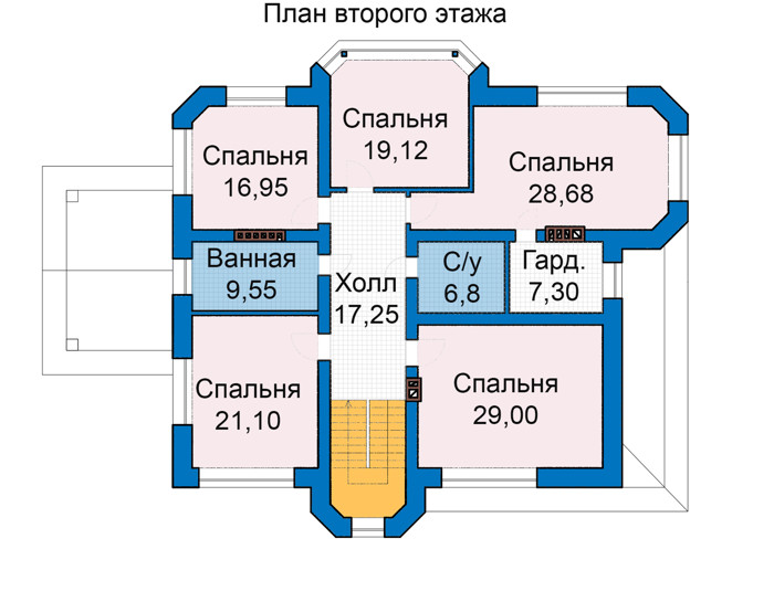 Планировка второго этажа :: Проект дома из кирпича 47-55